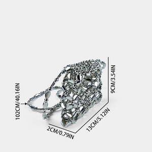 Detailed dimensions of silver woven metal mini bag with 13cm width and 102cm strap