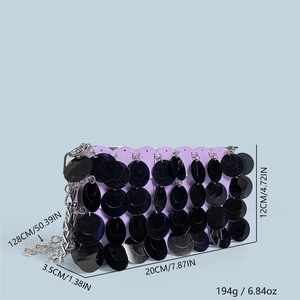 Detailed size specifications of the purple sequin handbag with chain strap dimensions
