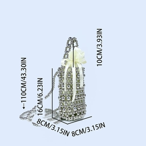 Detailed size guide of silver beaded mini bucket bag with dimensions and pearl strap