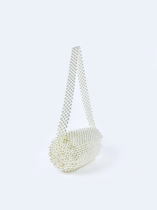 Elegant ivory faux pearl beaded cylindrical shoulder bag with woven flap and strap