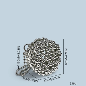 Detail view of silver metal beaded ball bag with 115cm chain and size specifications