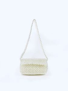 Elegant Hand-woven Pearl Beaded Shoulder Bag For Women Acrylic Small Square Bag Lady Underarm Tote For Wedding Evening Party