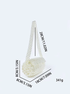 Detailed size specifications for the handmade white pearl beaded cylindrical tote bag