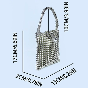 Detailed dimensions of silver beaded handbag with metallic beads and top handle size