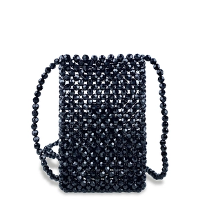 Detail view of handcrafted black beaded crossbody phone bag with faceted crystals