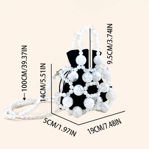 Detailed size chart for marble-patterned beaded bucket bag with dimensions in cm and inches