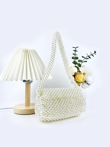 Elegant white handmade pearl beaded tote bag with shoulder strap for women