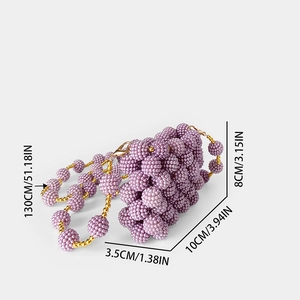 Detailed size chart for mini handmade beaded bag with purple and gold pearls and strap