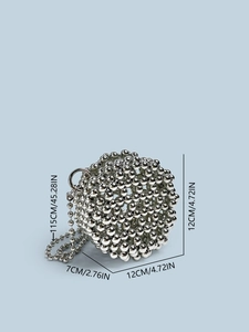 Silver beaded spherical crossbody bag with metallic mirror finish and chain strap
