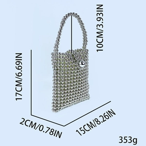 Detailed size and weight chart of a handmade silver metal beaded square mini bag