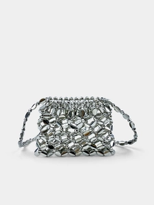 Metallic Silver Hollow Woven Mini Crossbody Bag Plastic Sequin Handmade Earphone Pouch For Women