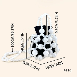 Detailed size specifications for pearl beaded bucket bag with dimensions and weight