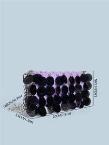 Sparkling purple sequin clutch with silver chain strap and detailed size measurements