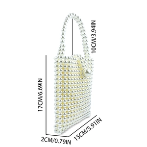 Detailed size chart of a white handmade beaded square bag with exact dimensions