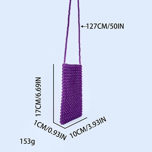 Dimensions détaillées du mini sac de téléphone perlé violet fait main avec bandoulière