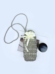 Silver beaded handmade crossbody bag with satin drawstring pouch and metal chain strap