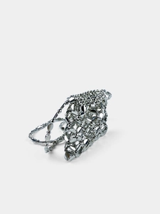 Chic silver metallic beaded crossbody bag with handcrafted woven mirror sequins for women