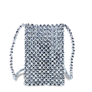 Detail of silver handmade beaded crossbody bag with sparkling honeycomb weave pattern