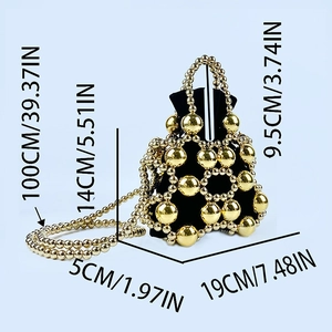 Detailed dimensions of gold beaded bucket bag with black velvet drawstring pouch
