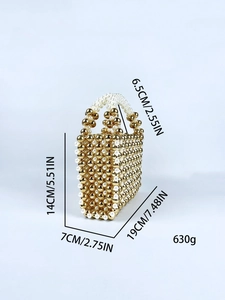 Handmade gold and pearl beaded handbag with vintage style and dimensions overview