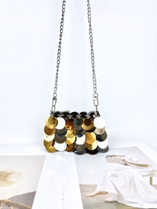 Mini sequin chain bag with gold and silver metallic discs on white background