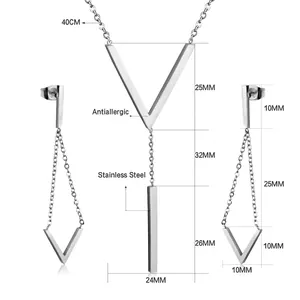 Detailed size specifications for V-shaped tassel chain necklace and earring set in stainless steel