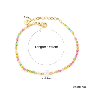 Colorful beaded stainless steel bracelet with white pearl and gold lobster clasp for women