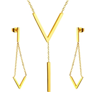 Minimalist golden stainless steel jewelry set with V-shaped necklace and drop earrings