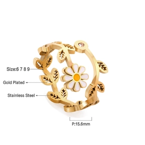 Guide des tailles détaillé pour bague fleur en acier doré et pétales émaillés blancs