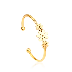 Bracelet jonc ouvert en acier inoxydable plaqué or 18 carats avec trois fleurs de marguerite