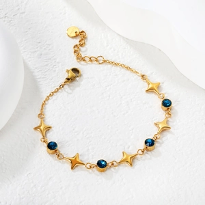 Elegante bracciale in acciaio inossidabile placcato oro 18k con cristalli blu e stelle