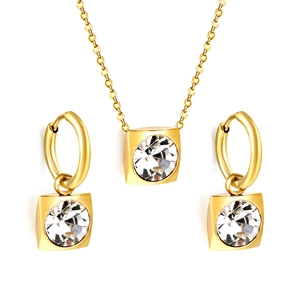 Parure de bijoux carrée en acier doré avec boucles d'oreilles et collier en zircon