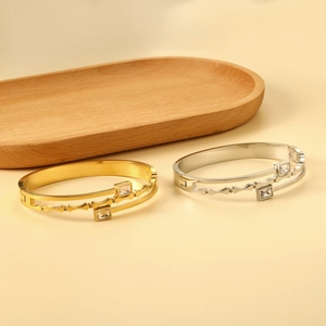 Minimalist geometric double layer 18K gold plated stainless steel bangles with crystals