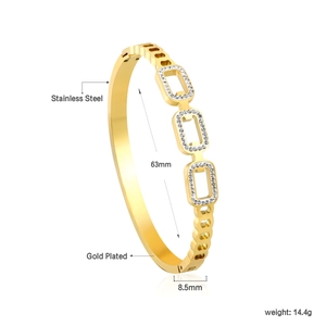 Detail of 18K gold plated stainless steel bangle with hollow geometric zircon frames