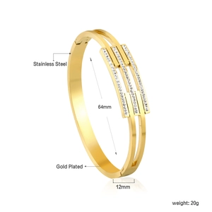 Detail showing dimensions of 18K gold plated stainless steel geometric bracelet with zircons