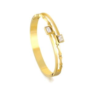 Modern 18K gold plated stainless steel double-layered geometric bangle with zircon stones