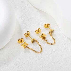 Gold stainless steel double stud earrings with star and square charms linked by tassels