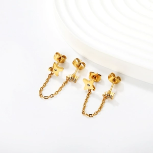Gold stainless steel star and floral cz crystal stud earrings with tassel chain