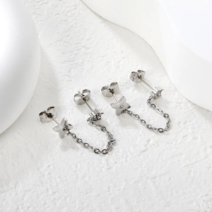 Silver stainless steel double piercing earrings with star flower studs and tassel chain