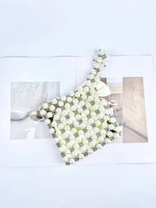 Elegant ivory pearl beaded handbag with satin lining and luxury diamond mesh design
