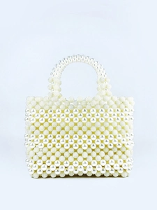 Handmade Beaded Artificial Pearl Handbag Elegant Retro Evening Tote Bag For Wedding Party Formal Event Women White Acrylic