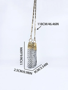 Detailed dimensions of the hand-woven metallic sequin phone bag with golden chain strap