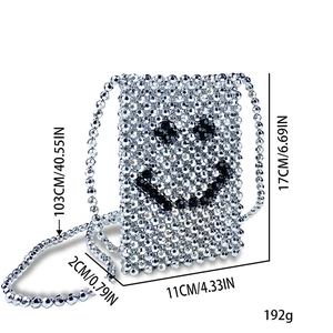 Size details of silver woven bead crossbody bag with black smiley face and chain strap
