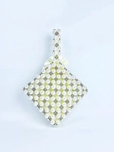 Handmade Rhombus Beaded Handbag Imitation Artificial Pearl And Metal Beads Elegant Evening Party Bag Women Satin Lining Bow Decor