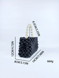 Handgefertigte schwarze Perlenhandtasche mit weißem Perlengriff und Maßen im Detail