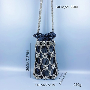 Detailed dimensions of silver pearl woven bucket bag with blue satin interior and drawstring
