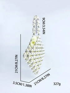 Luxe rhombus pearl beaded handbag with silver accents and dimensions shown on white background
