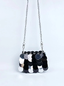 Mini Borsa a Spalla con Paillettes Fatta a Mano Donna Nero Argento Paillettes Tonde Tracolla Con Catena in Metallo Borsa da Sera