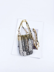 Handmade woven metal sequin phone bag with gold and silver two-tone chain and vertical frame