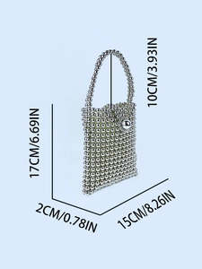 Elegant silver beaded mini tote bag with dimensions for vintage handmade metal phone pouch